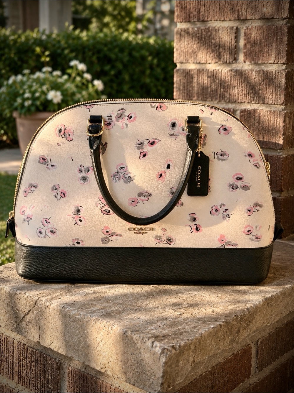 Coach Dome Satchel in Cream with Black Trim and Pink Floral Print